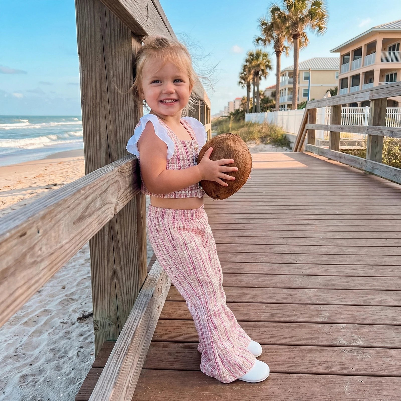 Girls Summer Outfit Set with Short Sleeve Top and Flare Pants