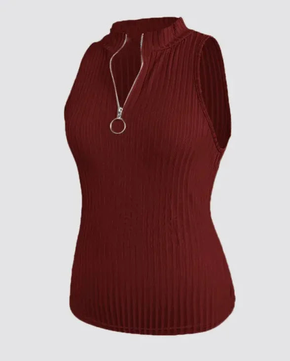 Women's Sexy Ribbed Tank Top - Slim Fit Stretchy High Elasticity, Stand-Up Collar & Wide Straps with Front Zipper, Semi-Sheer Bl