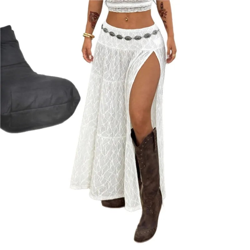 A-Line Textured White Midi Skirt for Women by owner girl