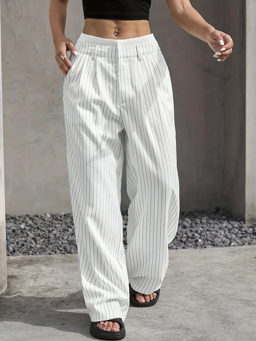High Waist Striped Wide Leg Pants for Women by mandylandy