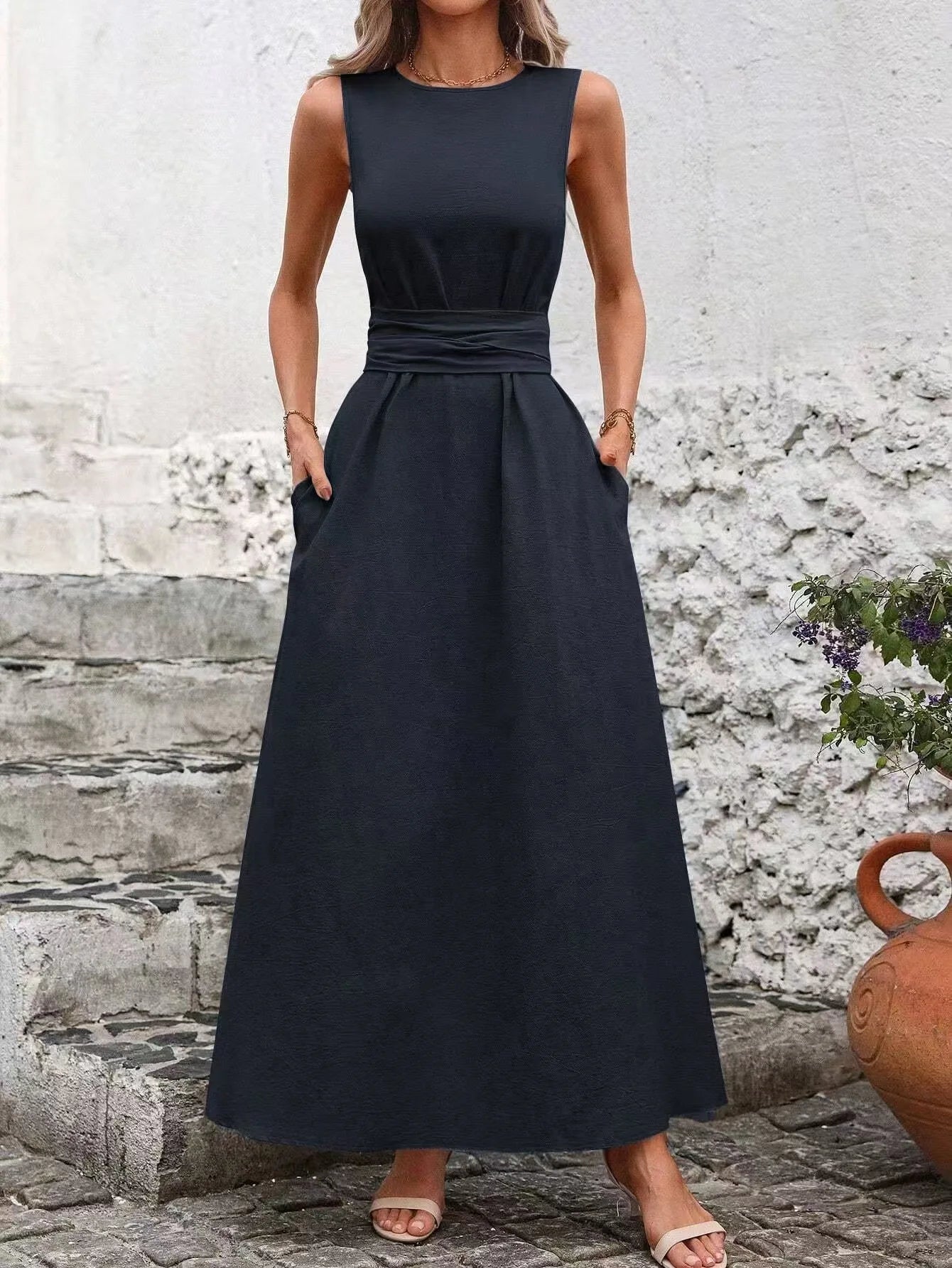Elegant A-Line Midi Dress for Women in Solid Color
