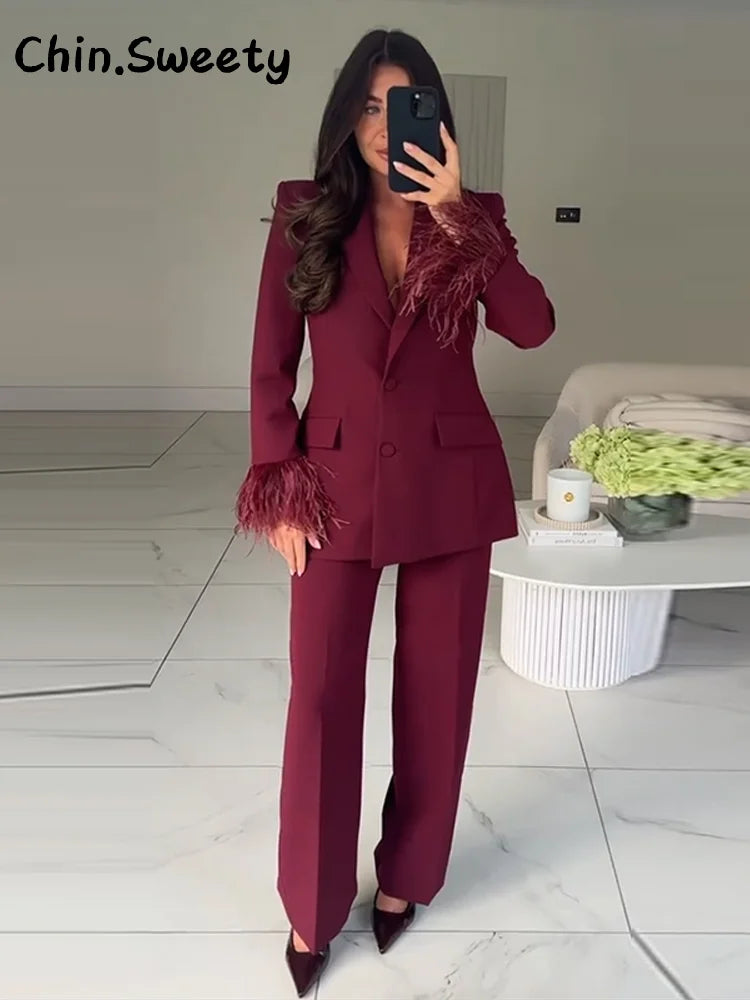 Chin.Sweety Women's Feather Blazer Pants Set for Office Wear