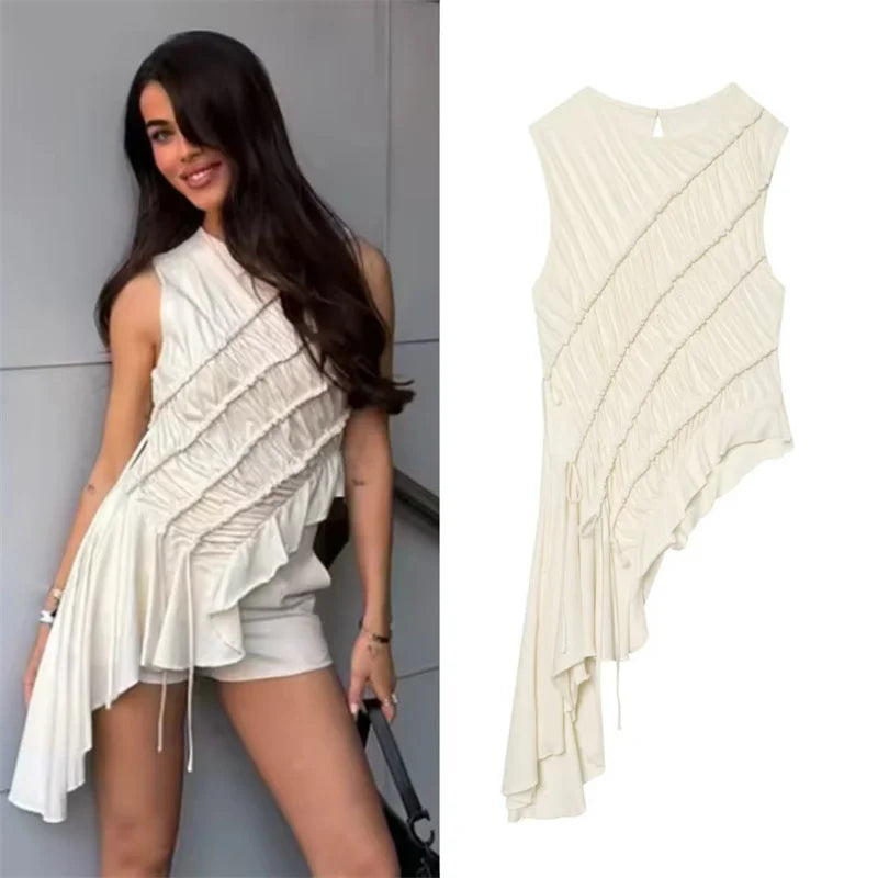 Women's Asymmetrical White Sleeveless Top by Guobioziy