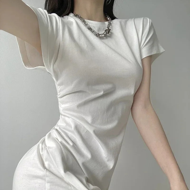 Chic White Cotton Blend Midi Dress for Women