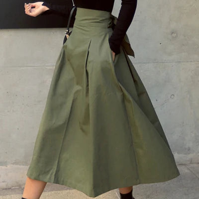 Long A-Line Skirt for Women in Solid Color with Bow Detail