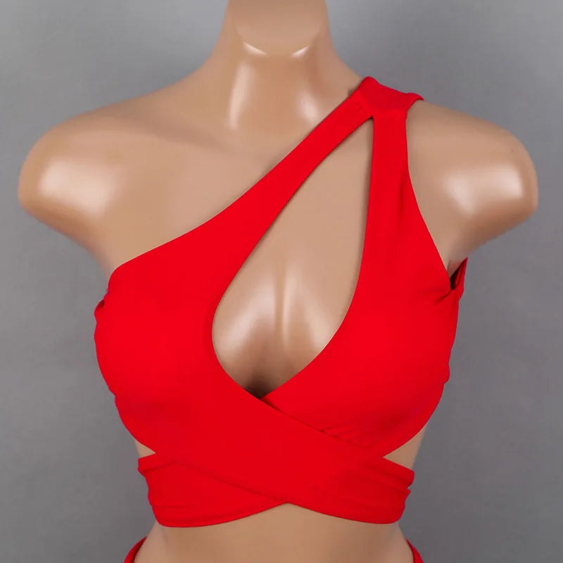 Solid Red One Shoulder Bikini Set for Women by wisuwore