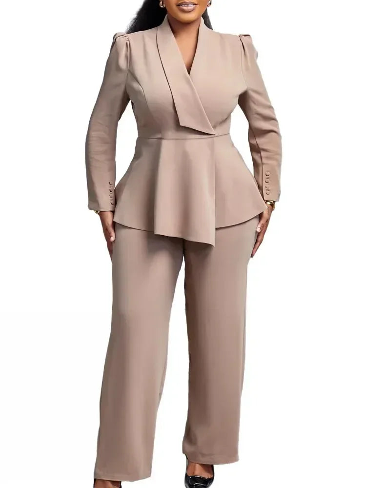 Chic Plus Size Women Blazer Coat and Tailored Pants Set