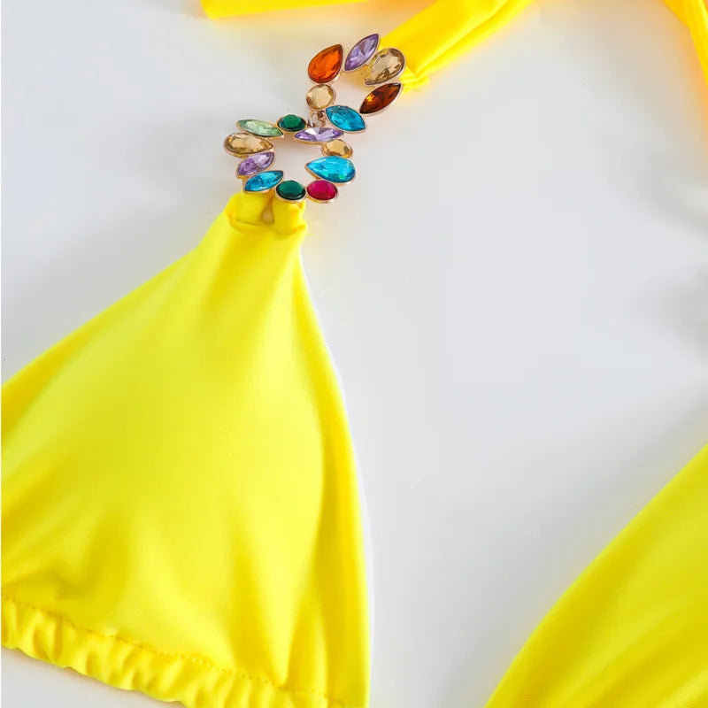 Yellow Rhinestone Bikini Set for Women by biligoshe