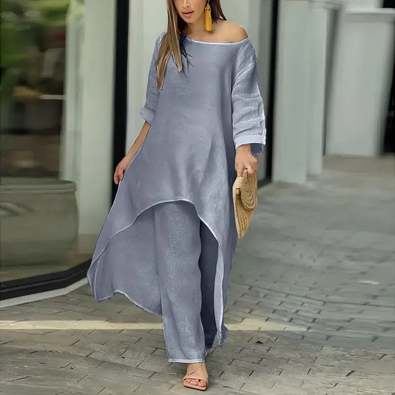 Plus Size Women's Indie Folk Asymmetrical Dress and Pants Set