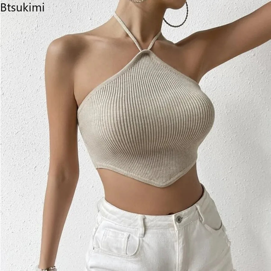 Women's Summer Knitted Backless Tank Top Sleeveless Striped Top Asymmetrical Solid Lump Halter Crop Top Women Sexy Fashion Tops