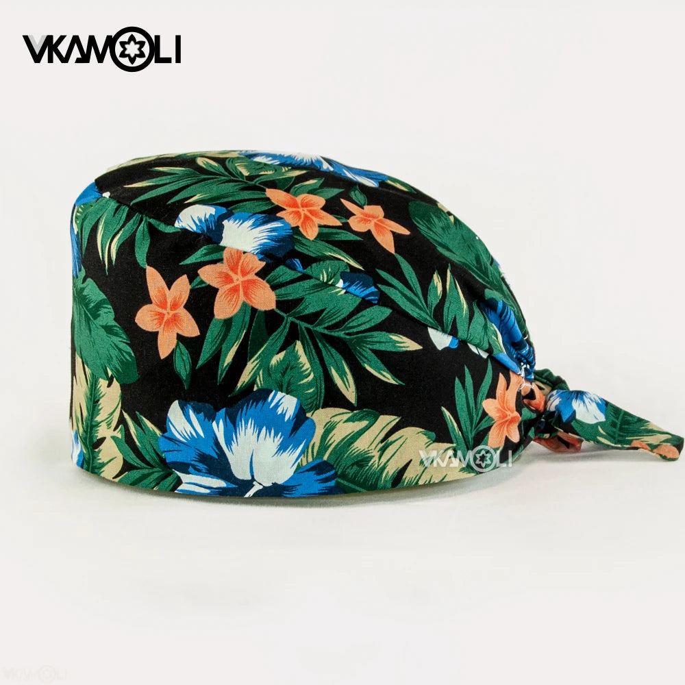 Adjustable Cotton Flower Print Scrub Caps for Women and Men