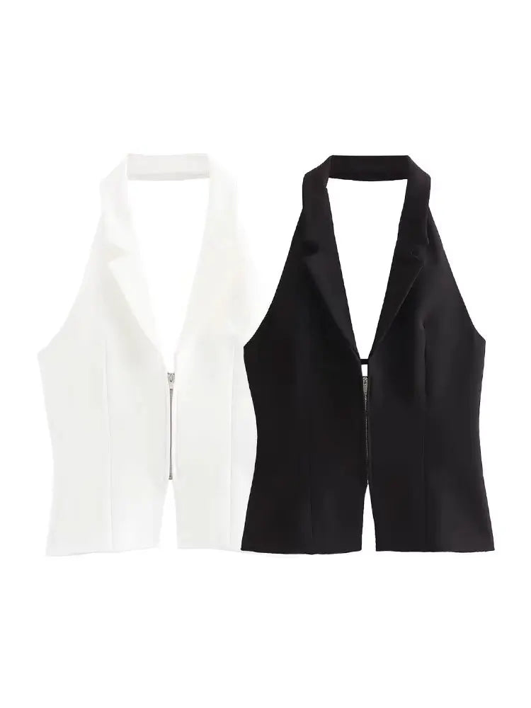 HH Female Sexy Slim Crop Top Solid Turn-Down Collar Sleeveless Backless Decorate Zipper Summer Tops Woman Trendy
