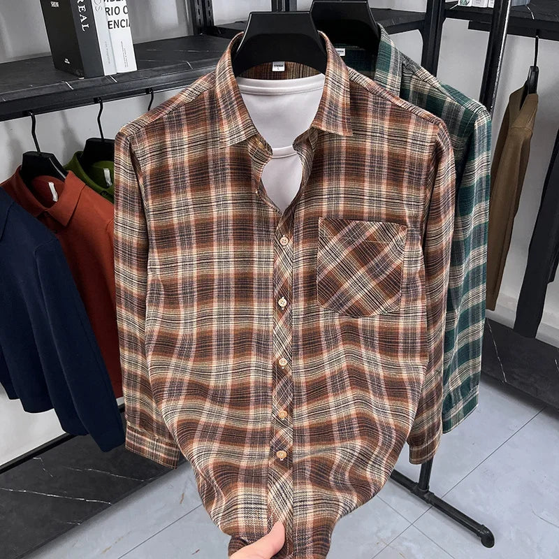 2026 Autumn New Men's Printed Striped Long Sleeved Shirt Casual Fashion Versatile Men's Top