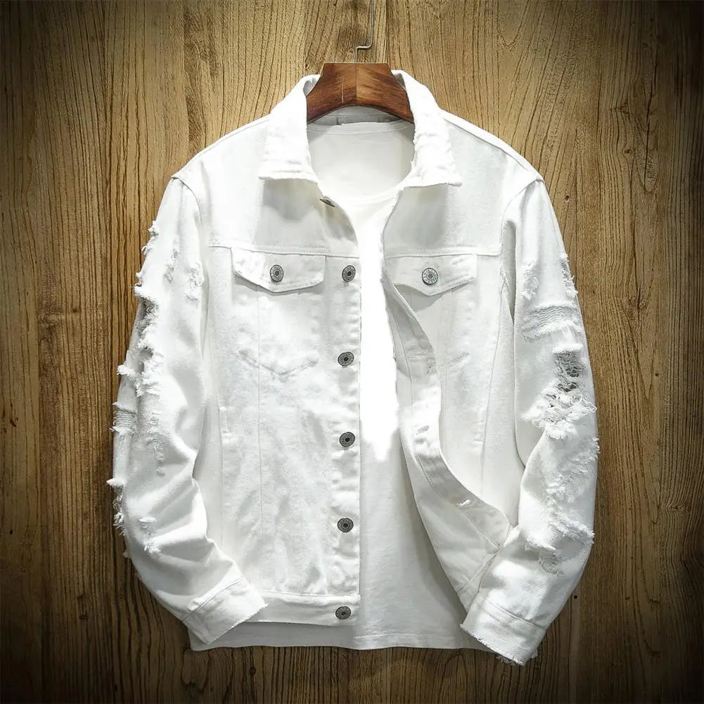 New 2024 Men's Fashion Jeans Jacket Solid Spring Autumn Cotton Denim Jacket Men White Black Pink Ripped Hole Jean Coats Male