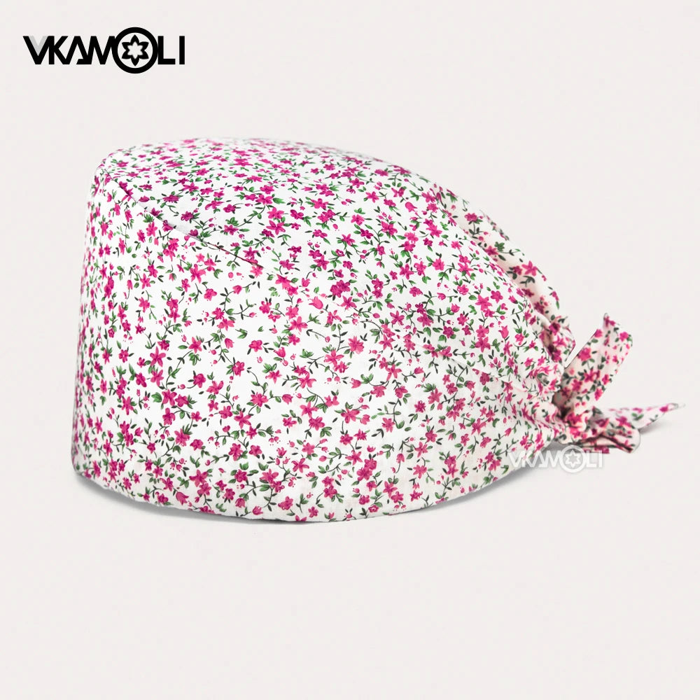 Adjustable Cotton Flower Print Scrub Caps for Women and Men