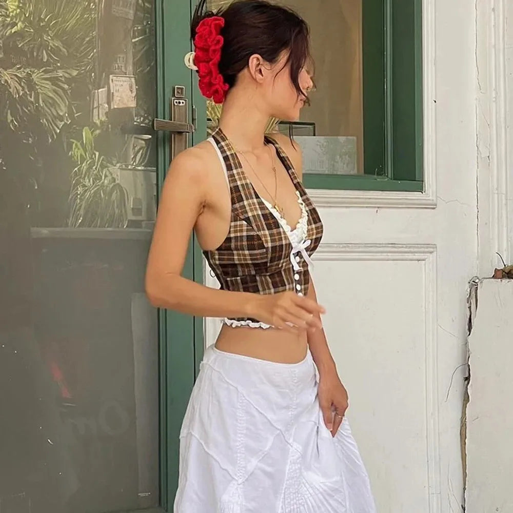 Plaid Print Women's Halterneck Crop Top with Bow Embellishment