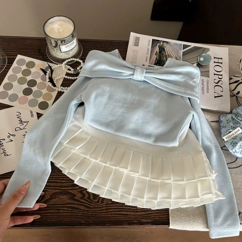 Korean Style Girls Two Piece Set with Elegant Pleated Skirt