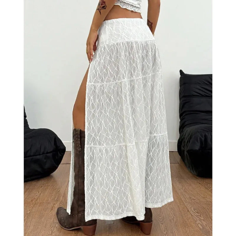 A-Line Textured White Midi Skirt for Women by owner girl