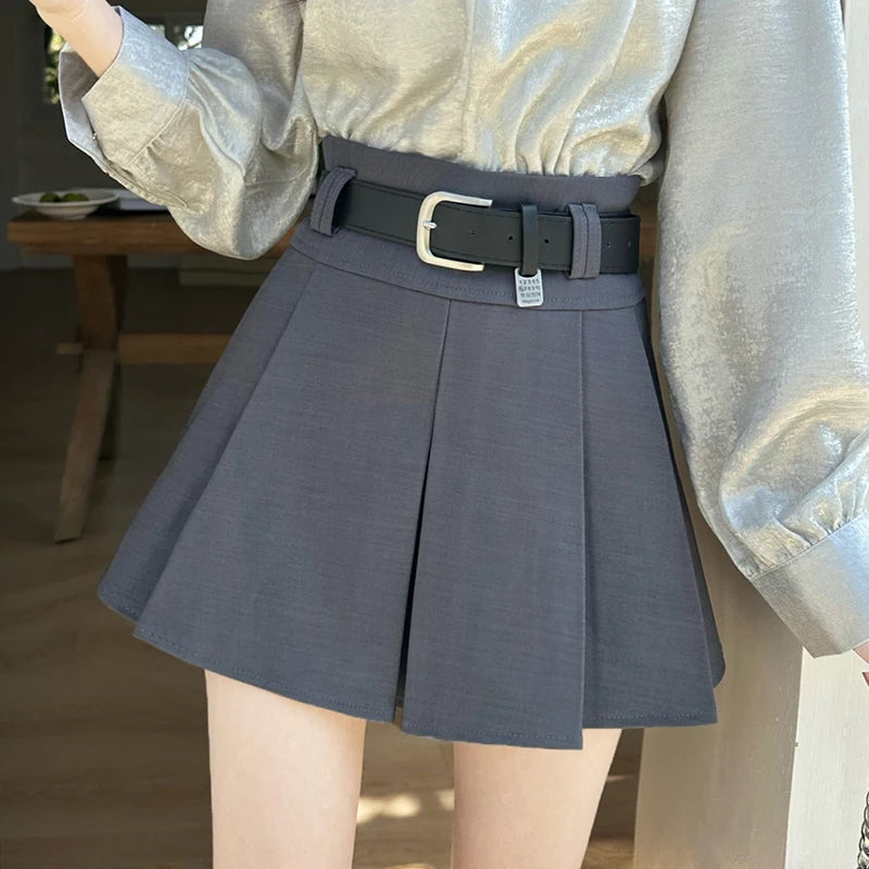 Gray High-waisted Pleated Skirt for Women with Belt