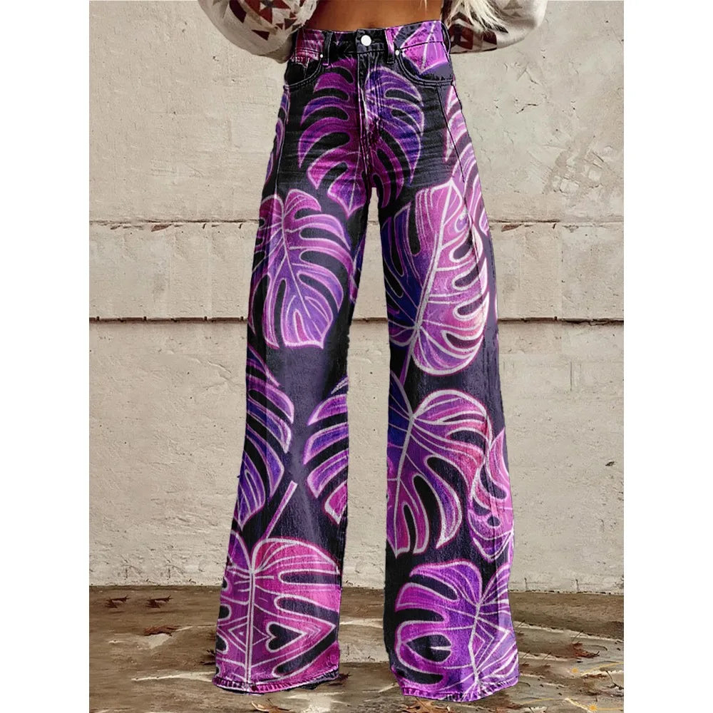 Colorful Tropical Leaf Print Wide Leg Pants for Women