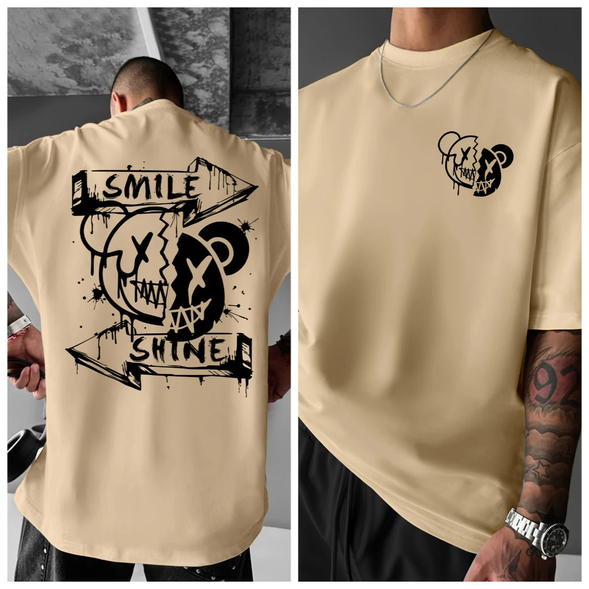 Men's American Street Style Printed T-shirt - Round Neck Summer Short Sleeved Shirt,