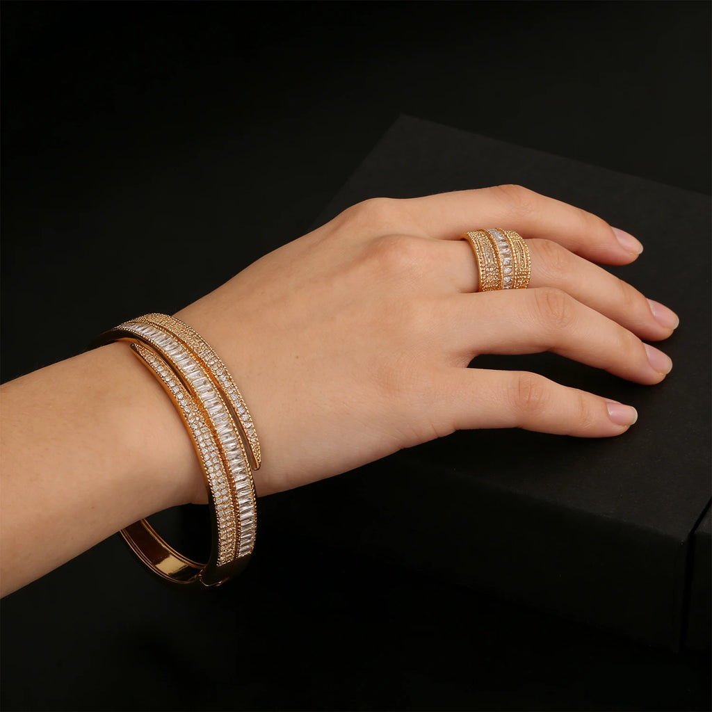 18K Gold Plated Bangle Ring Set for Women with CZ Stones