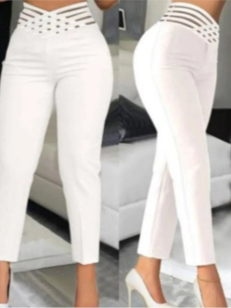 High Waist Hollow Out Black White Skinny Ankle Pants for Women