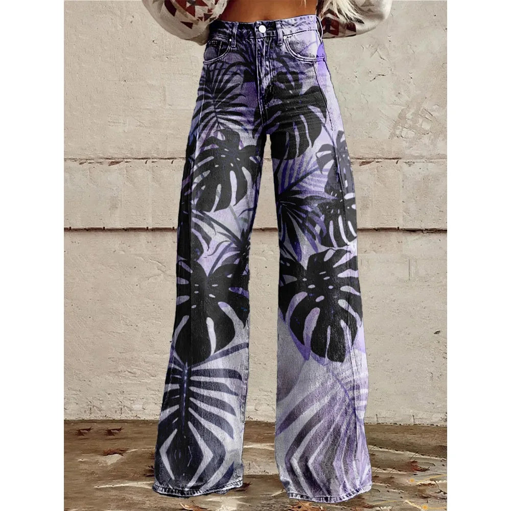 Colorful Tropical Leaf Print Wide Leg Pants for Women