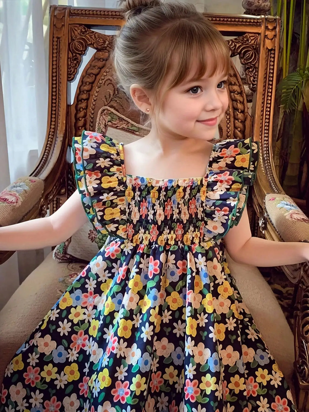 Girls' A-Line Mid-Length Dress with Ruffle Sleeves