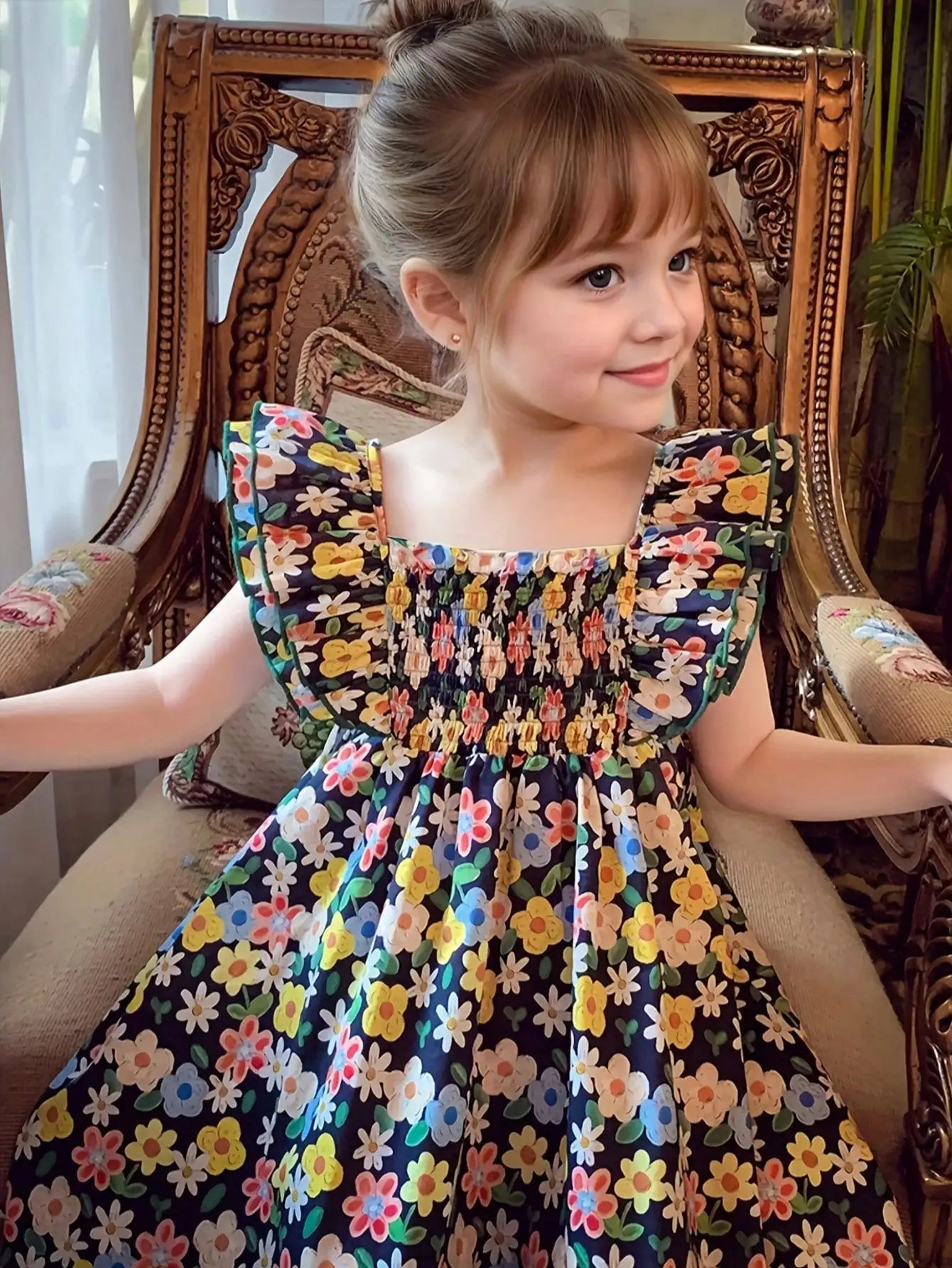 Girls' A-Line Mid-Length Dress with Ruffle Sleeves
