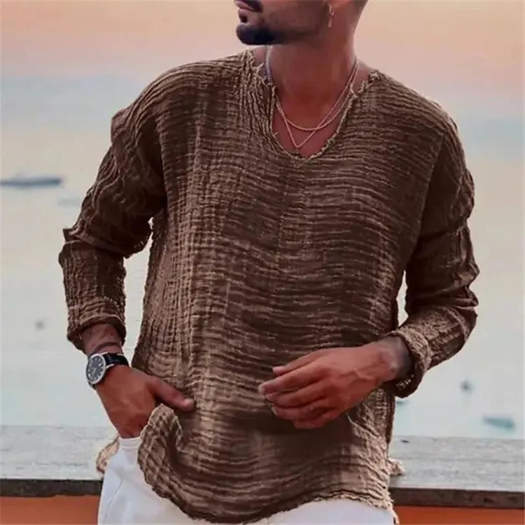 Summer Beach Handsome Men Casual Shirts Retro V-neck Long Sleeve Shirt Tops Burr Edge Pleated Loose Thin Pullover Trend Male Top