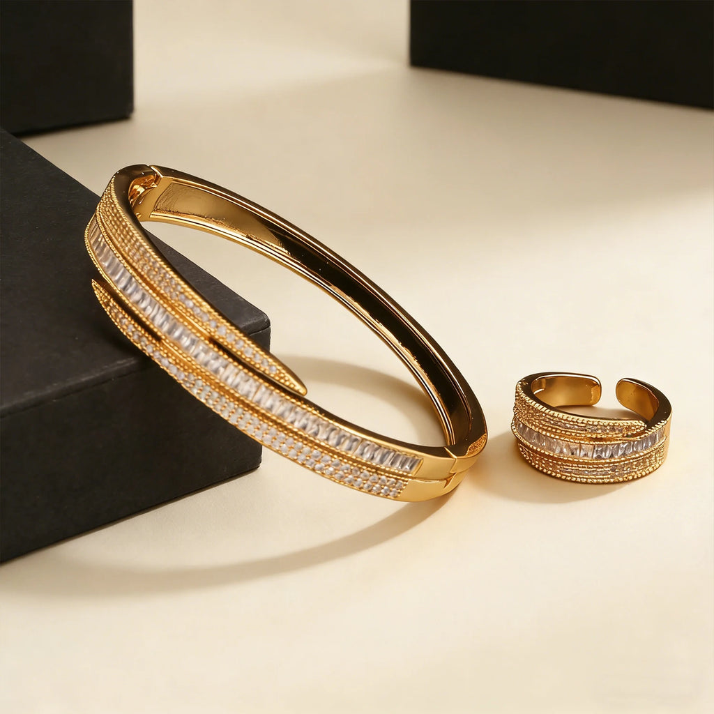 18K Gold Plated Bangle Ring Set for Women with CZ Stones