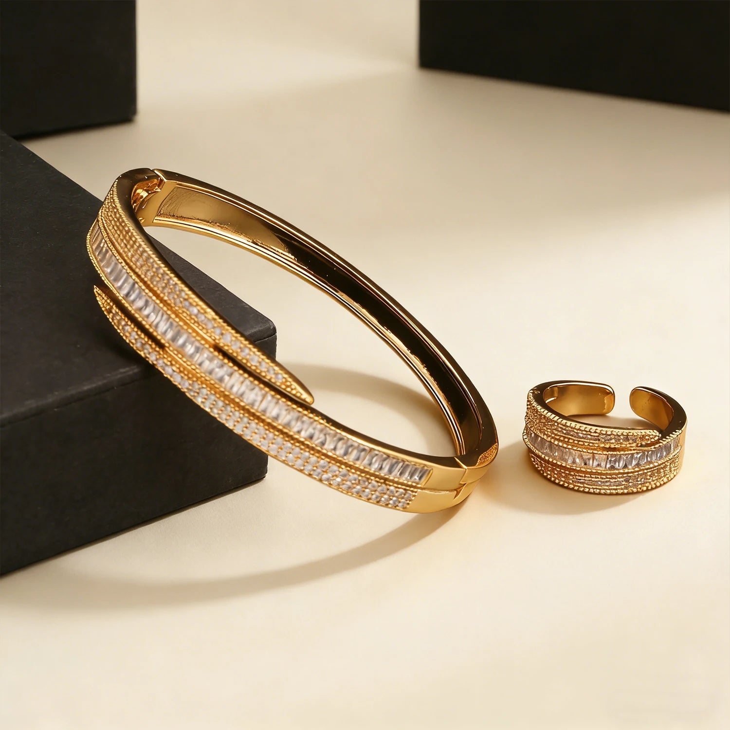 18K Gold Plated Bangle Ring Set for Women with CZ Stones