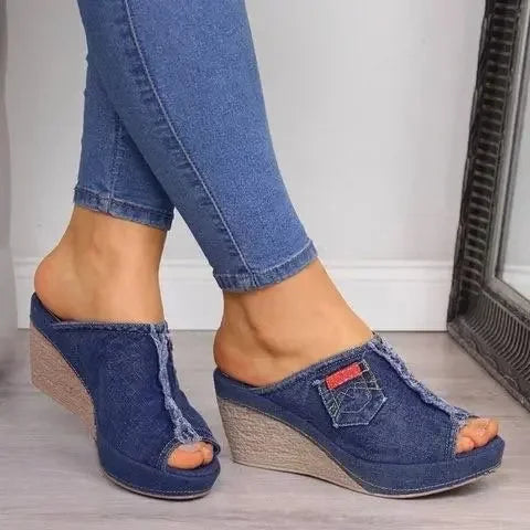 Women Summer Cowboy Slippers Retro Wedge Platform Shoes