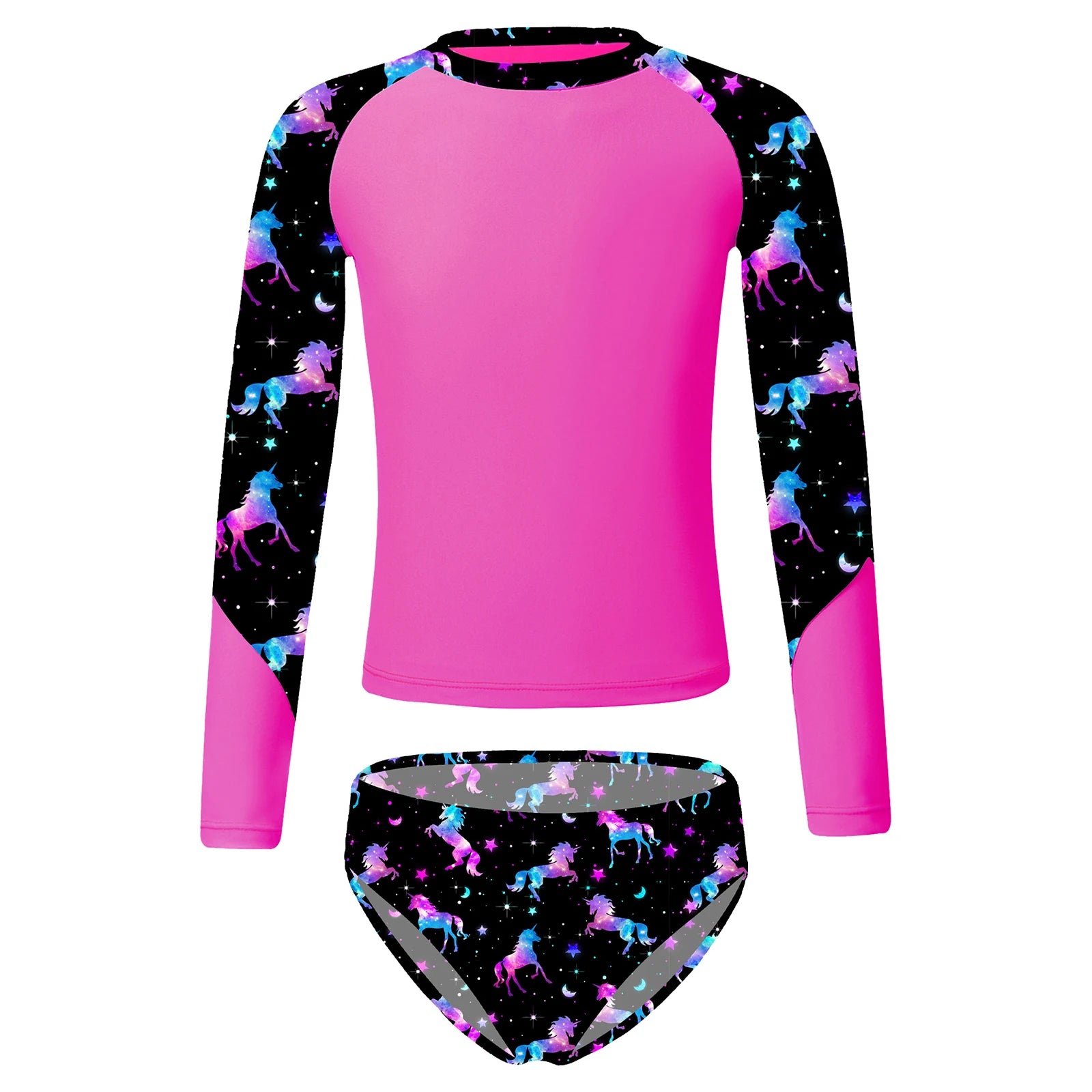 Kids Girls Long Sleeve Print Swimwear with Briefs for Beach
