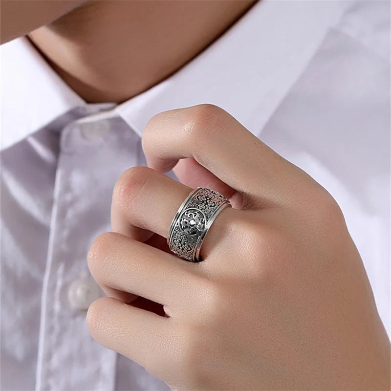 Rotable Powerful Beasts Ring For Men Jewelry Domineering Retro Carving Flower Ring Male Boyfriend Birthday Gift Many Sizes