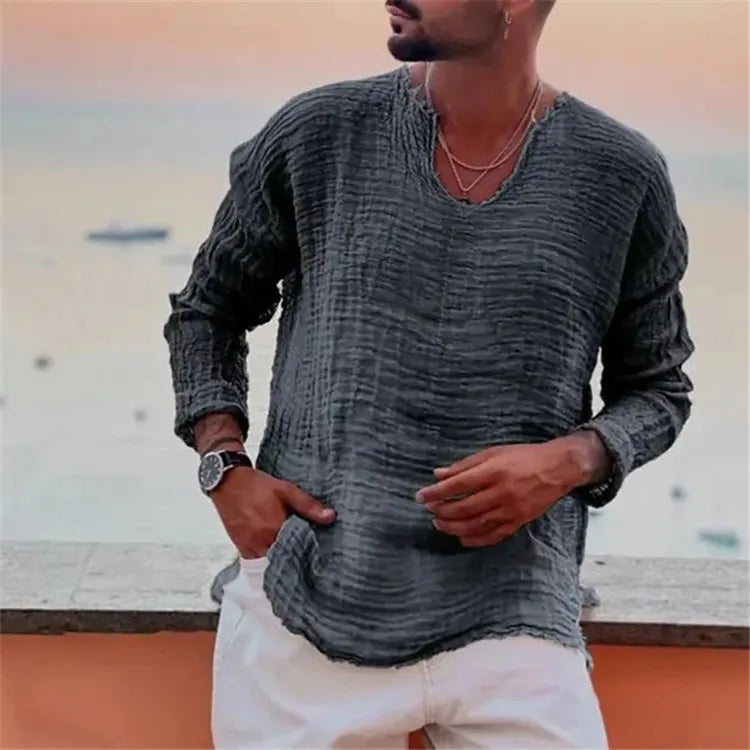 Summer Beach Handsome Men Casual Shirts Retro V-neck Long Sleeve Shirt Tops Burr Edge Pleated Loose Thin Pullover Trend Male Top