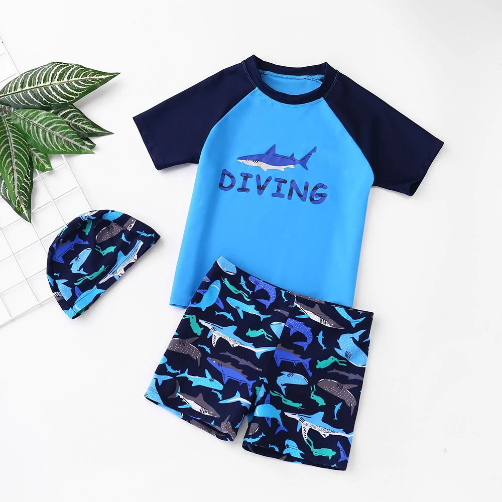 Boys Surf Rash Guard Set with Cap and Shorts for Summer