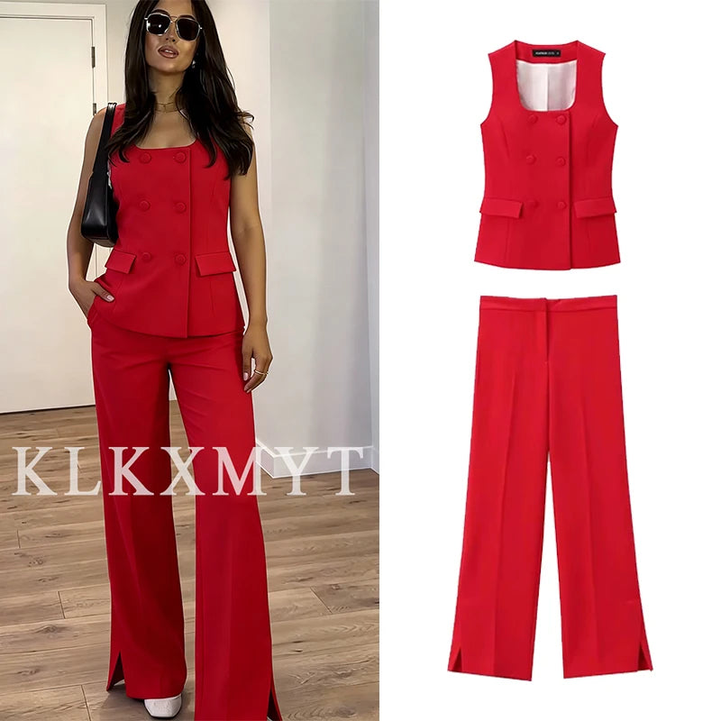Klkxmyt Women's Vintage Office Suit Set with Chic Vest and Pants