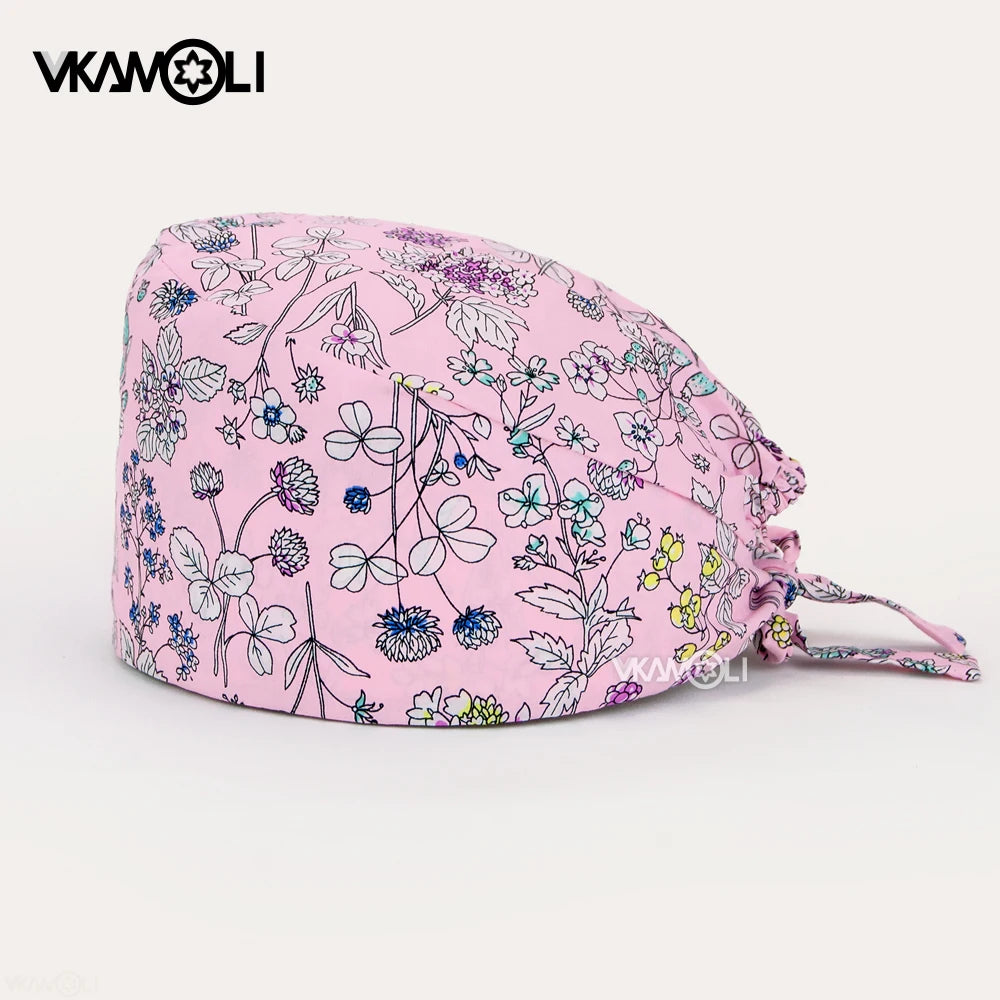 Adjustable Cotton Flower Print Scrub Caps for Women and Men