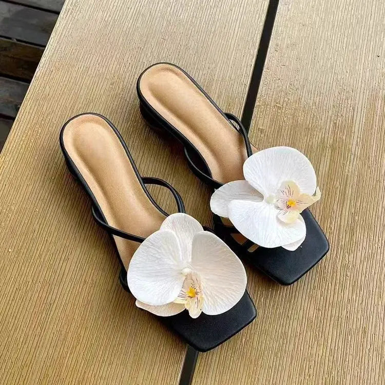 Women's High Heels Slippers 2026 New Summer Fashion Flower Black Beige Dress Party Sandals Women's Large Size 42 Women's Shoes