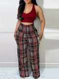 Women's High Waist Plaid Wide Leg Pants for Casual Wear