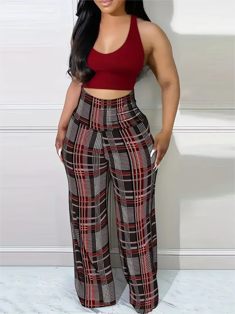 Women's High Waist Plaid Wide Leg Pants for Casual Wear