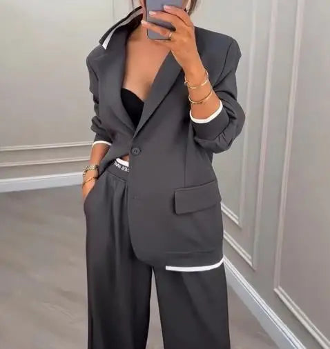 Stylish Grey Blazer and High Waist Pants Set for Women
