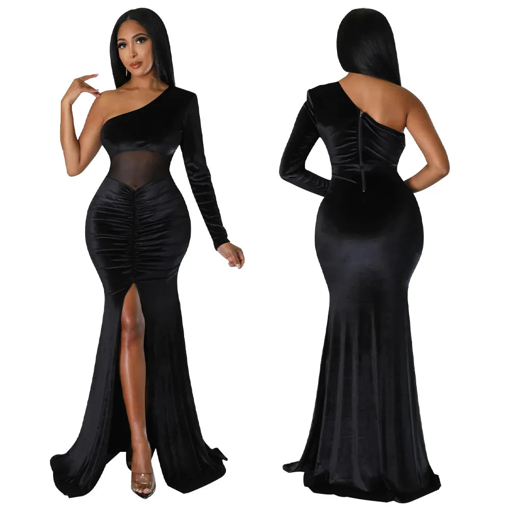 Floor-Length Evening Dress with Diagonal Collar by STEFION