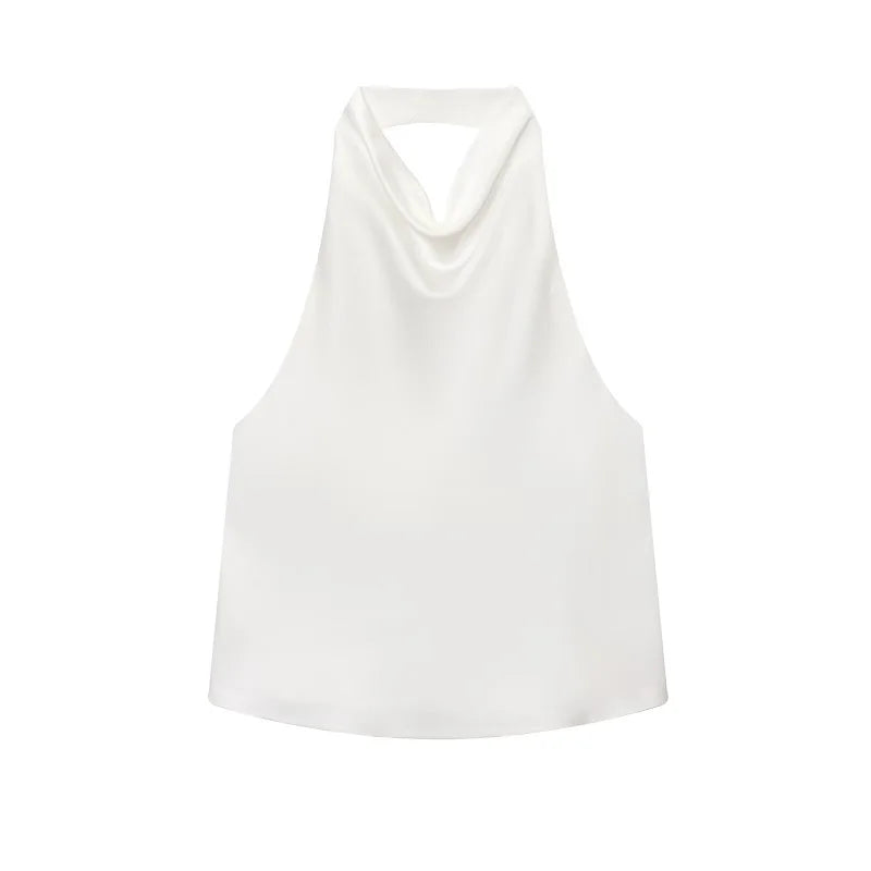 MUJER Black Satin Backless Halter Top for Women Summer Nights