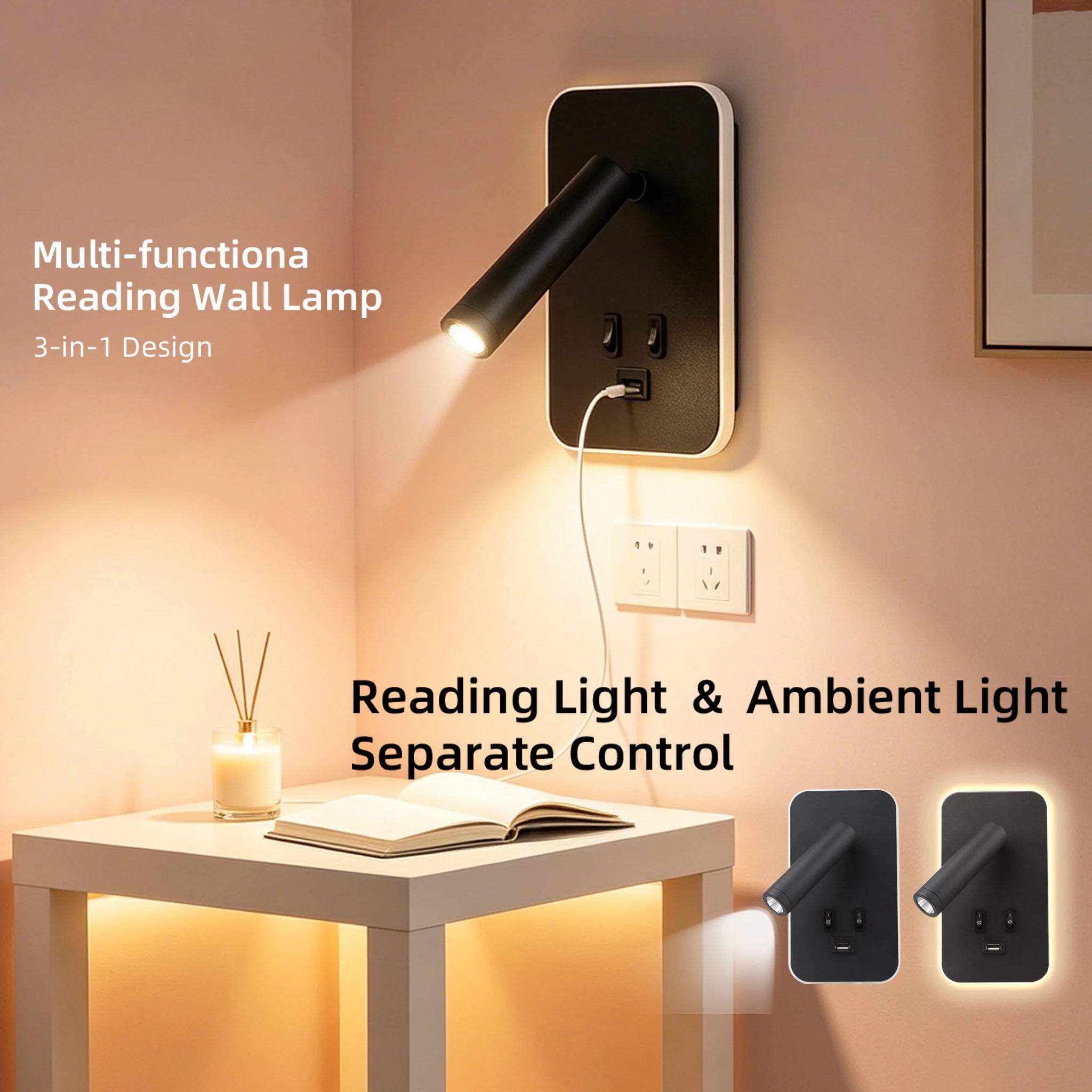 Modern LED Wall Lamp for Bedroom Reading in Black Plastic