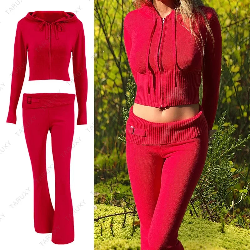 TARUXY Women Zipper Hoodie Set with Flare Pants for Casual Wear