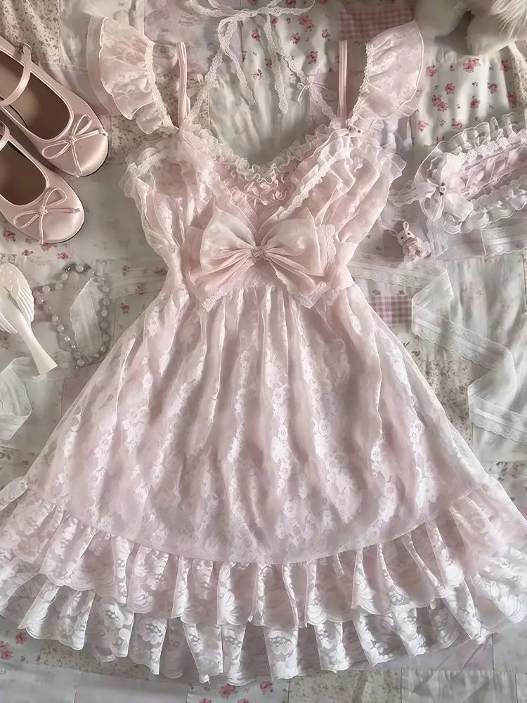 Y2K Vintage Two Piece Dress with Lace Cardigan for Juniors