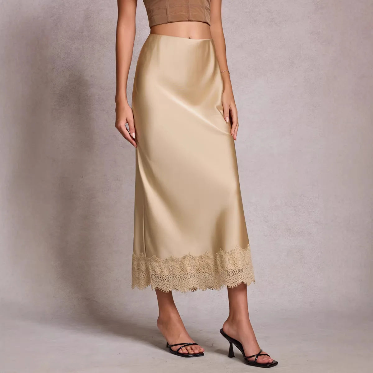 Elegant Satin Midi Skirt for Women with Lace Detail